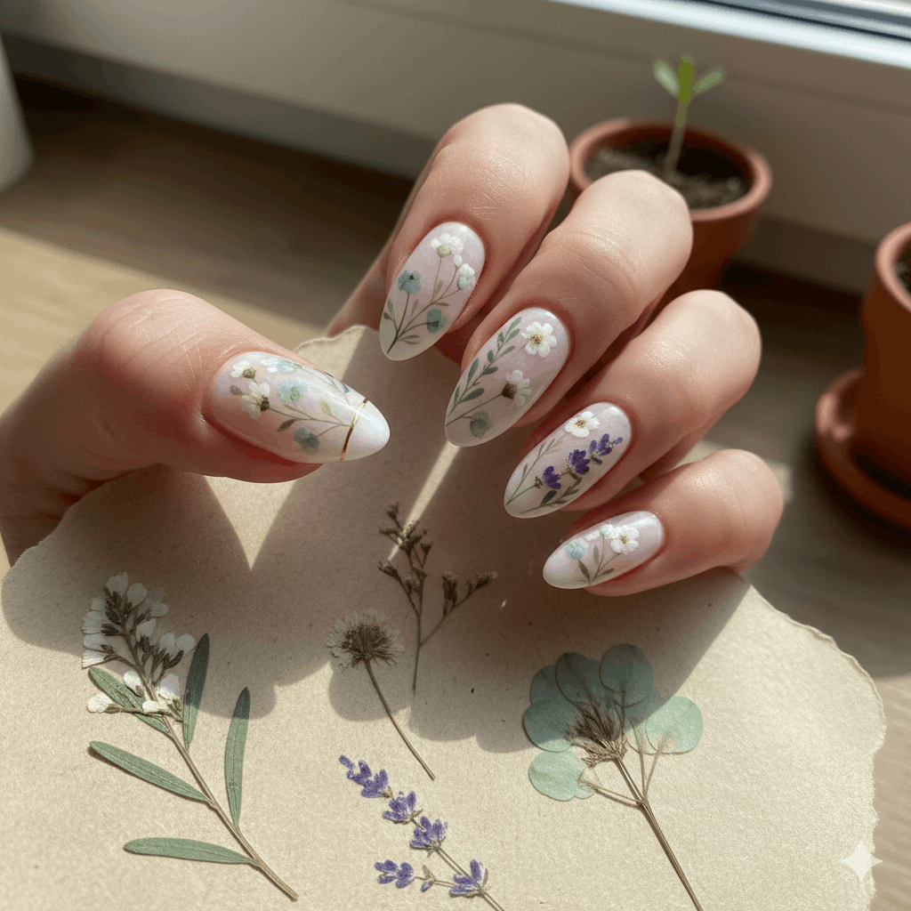 Blumenmotive auf Nägeln Nageldesign Frühjahr 2026 Botanical Imprints (Natur-Abdrücke)