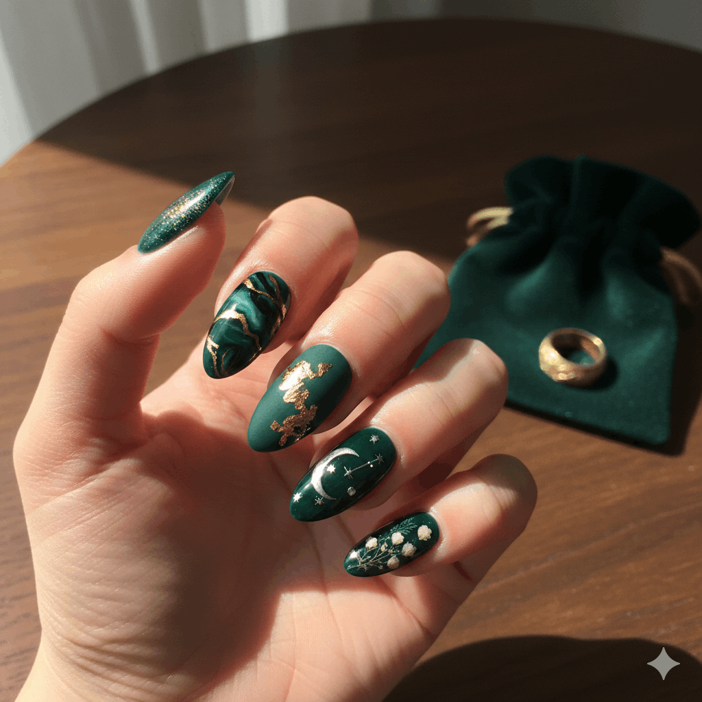 Grüne Nägel Hand Finger Nailart Dunkelgrün