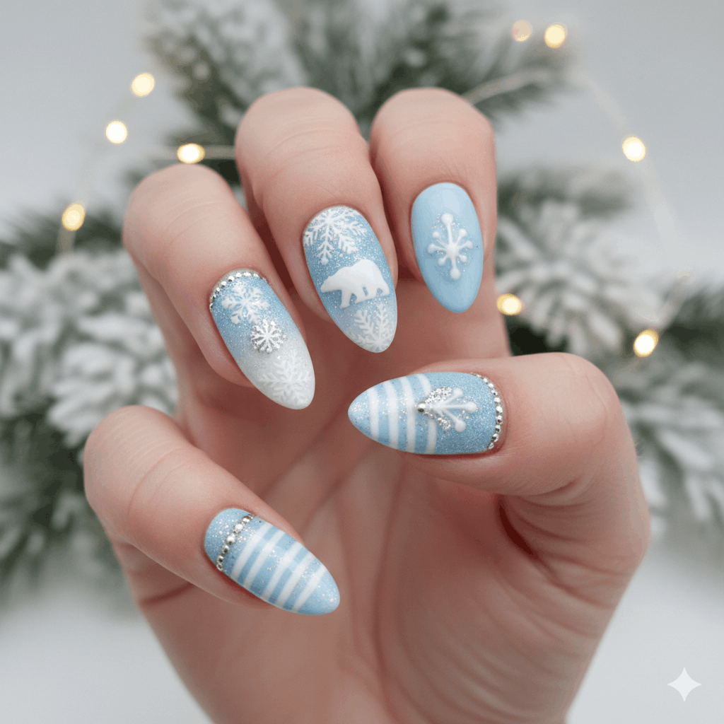 Nageldesign in Hellblau und Weiß – Winterliche Eleganz für deine Nägel