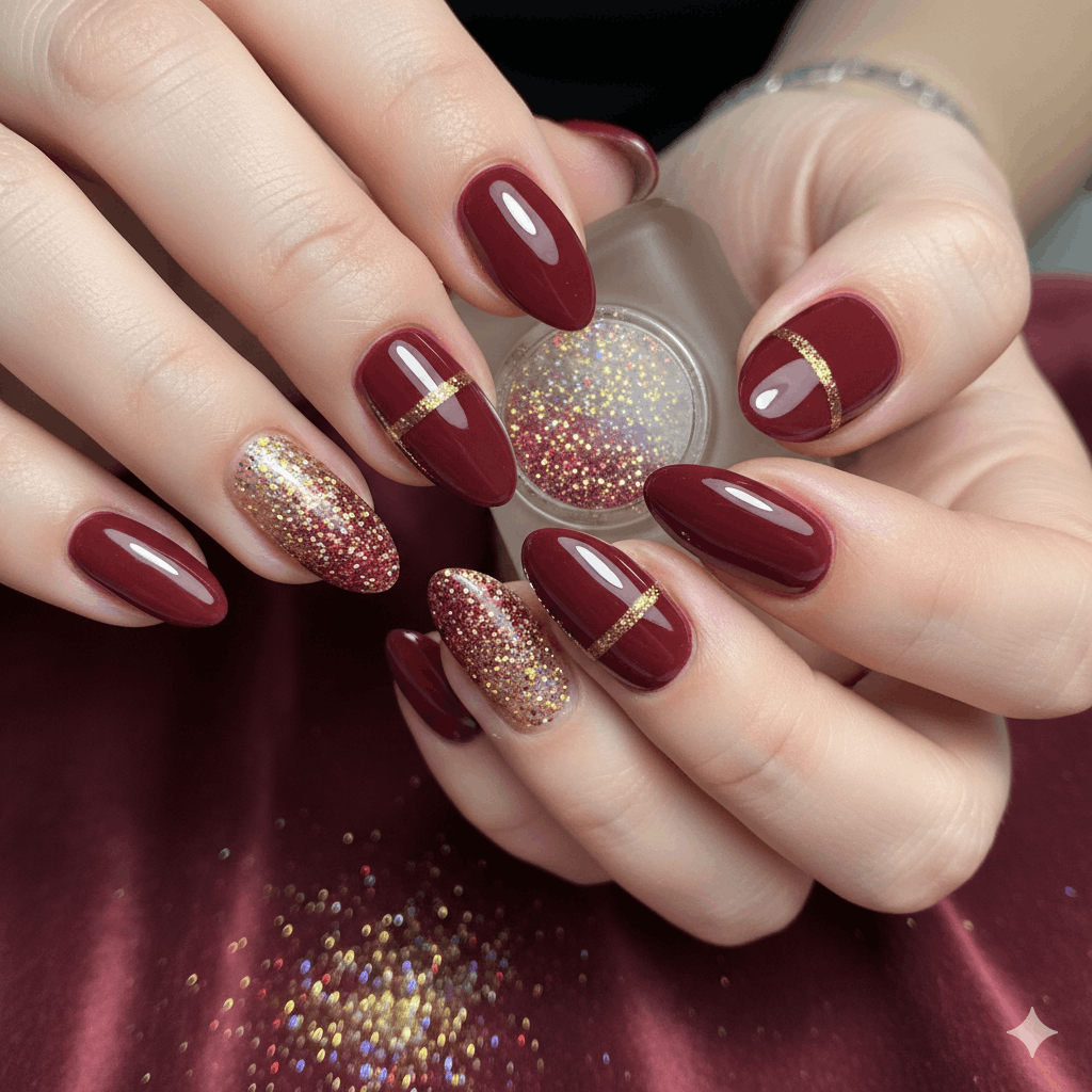 Nail Art Bordeaux – Nageldesign Bordeaux Nägel mit Glitzer