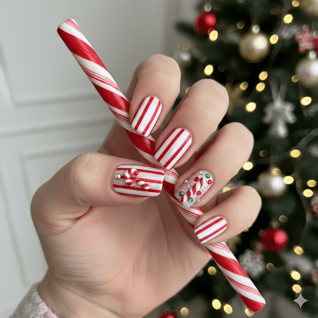Nail Art Zuckerstange – Nageldesign Zuckerstangen Ideen für die Weihnachtszeit