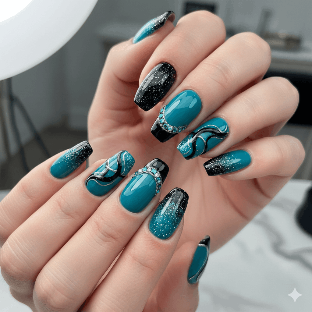Nageldesign Ideen in Türkis und Schwarz für 2026