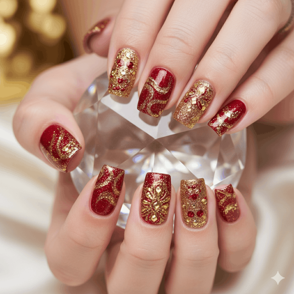 Nageldesign Rot Gold Glitzer Ideen 2026