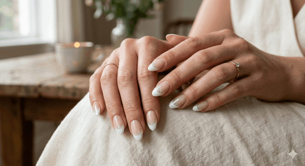 Nageldesign French Weiß Glitzer Ideen 2026