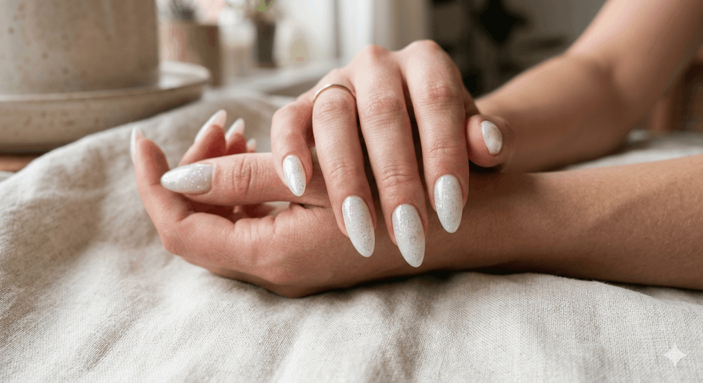 Nageldesign Milky White mit Glitzer – Ideen 2026
